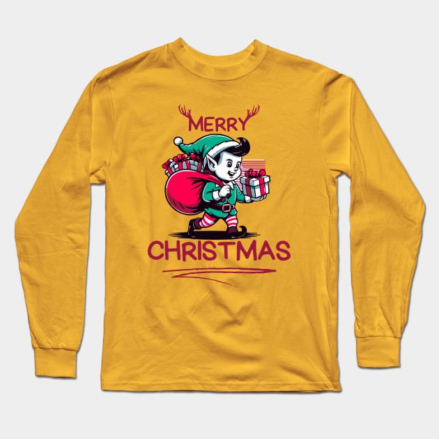 Merry Christmas Elf with Bag of Presents: Festive Tee for the Holiday Season Long Sleeve T-Shirt by Thewondercabinet28